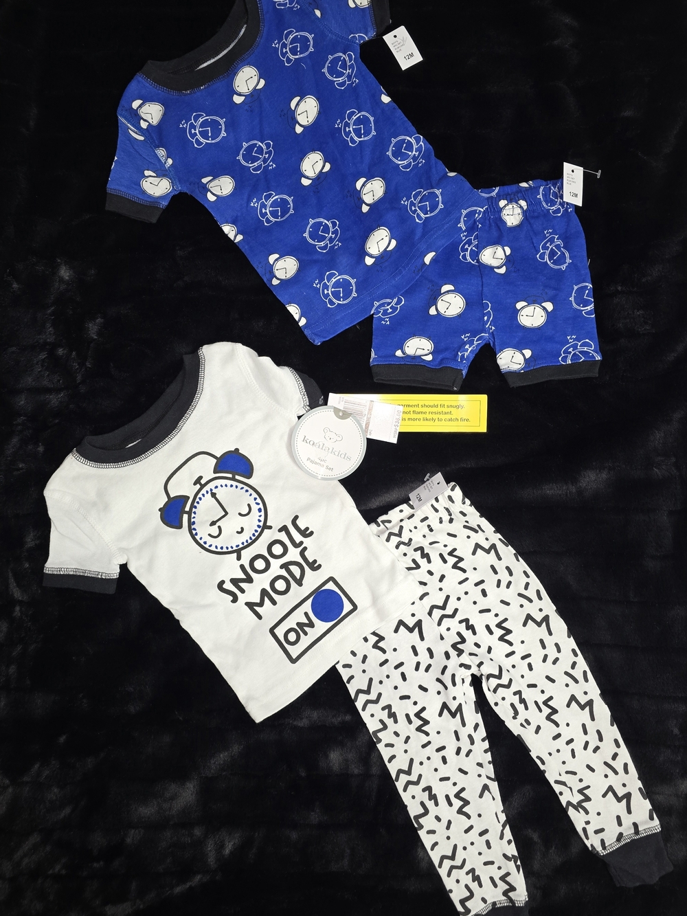 Koala Kids Blue Clock Print & White 'Snooze Mode' Pajama Sets 12 Months NWT